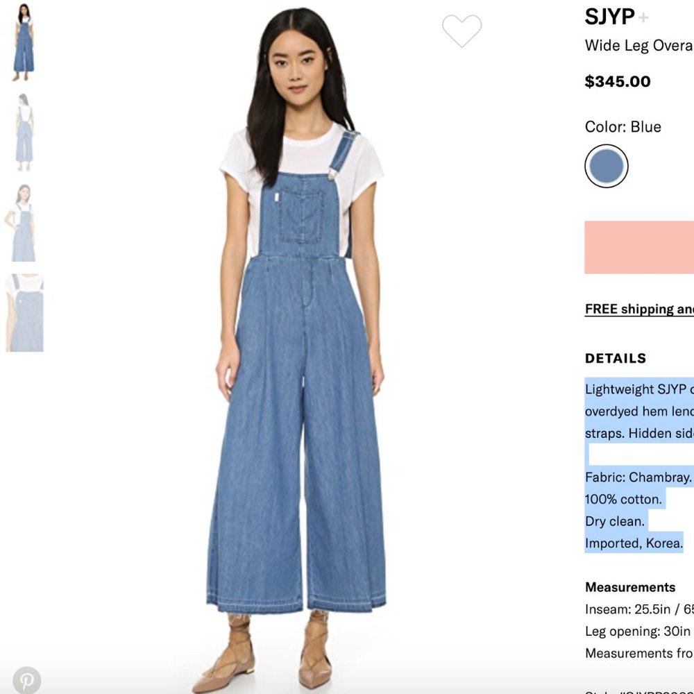 NEW SJYP Blue Chambray Wide Leg Denim Overalls Jumpsuits